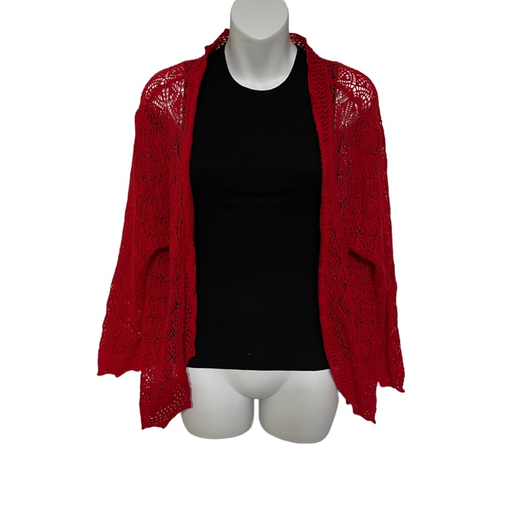 Dressbarn crochet red open front cardigan 14/16